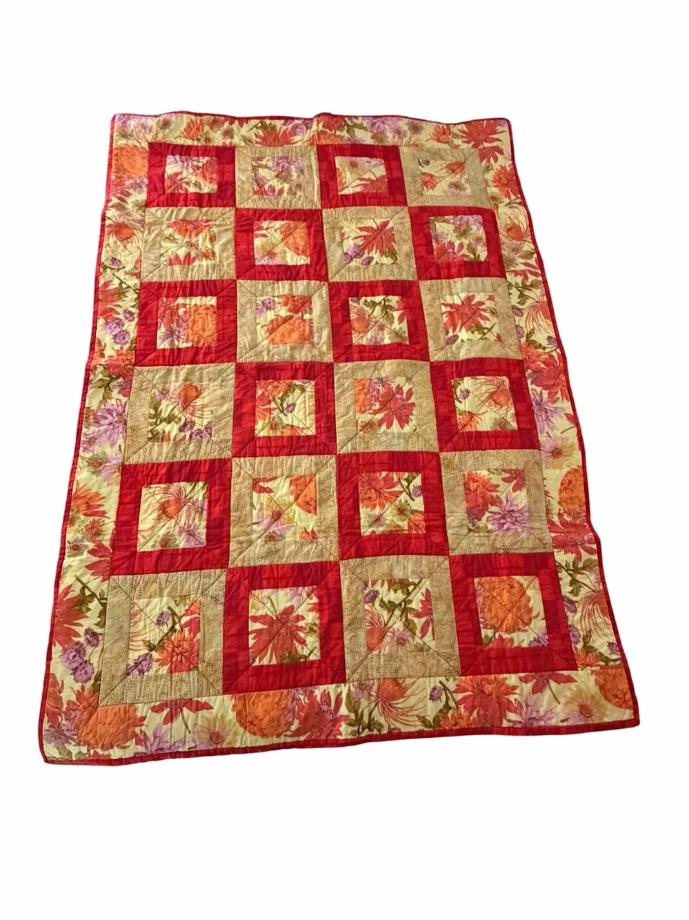 HANDMADE Red Floral Patchwork Quilt Throw Blanket 46x65 in